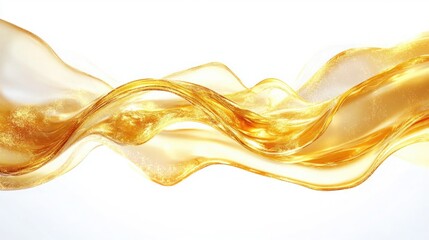 Abstract flowing golden liquid wave with sparkling particles on white background conveying motion and elegance