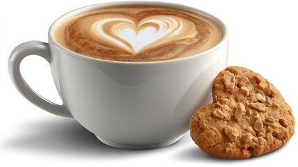 Heart latte art in white mug with heart shaped cookie on white background.