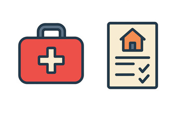 Obraz premium Icons representing home safety policy document and medical emergency first aid kit concepts