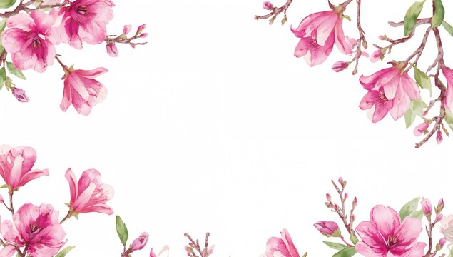 Watercolor artwork showcasing bright pink magnolia flowers and branches, perfect for seasonal invitations or event cards, spring observance