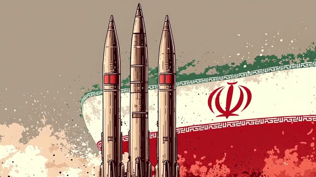 Abstract composition featuring the flag of Iran with industrial silhouettes in the background, representing technology and progress.