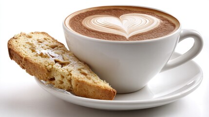 Cup of hot beverage with heart art and biscuit rests on saucer.