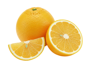 Fresh orange fruit whole halved and sliced close up