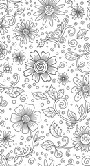 Playful Vertical Seamless Doodle Pattern of Flowers and Leaves on Isolated White Background