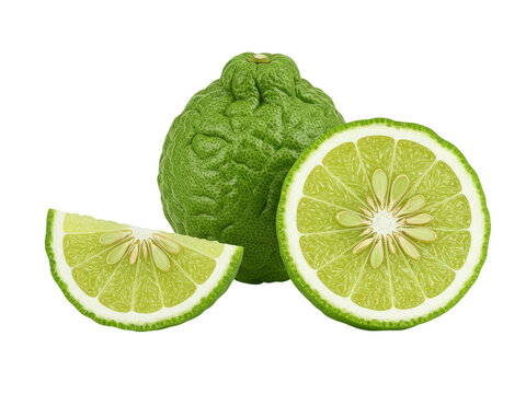 Fresh kaffir lime whole half and slice isolated on black