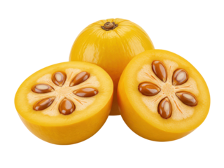 Fresh yellow fruit halved revealing seeds isolated on black