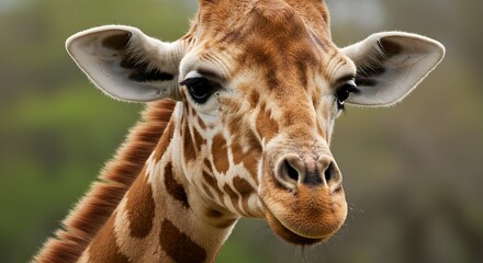 Fototapeta premium Close-up portrait of a majestic giraffe with its distinctive spotted coat and gentle expression.