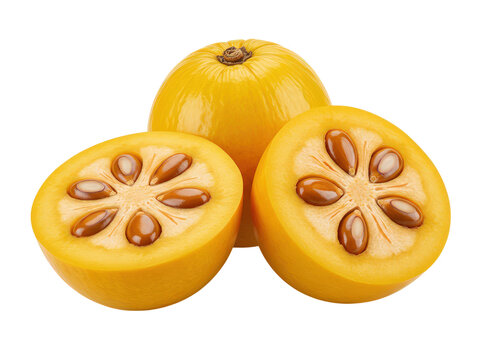 Fresh yellow fruit halved revealing seeds isolated on black