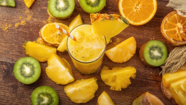 Delicious glass of pineapple smoothie with fruit slices arranged on wooden surface, viewed from above. Text area included.