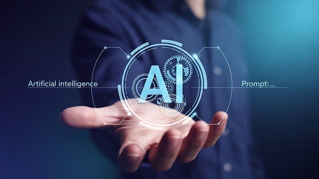 Hand holding glowing AI logo concept artificial intelligence technology future