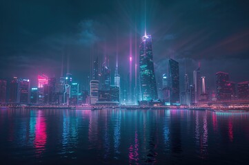 Obraz premium Futuristic skyline illuminated by vibrant neon lights at night