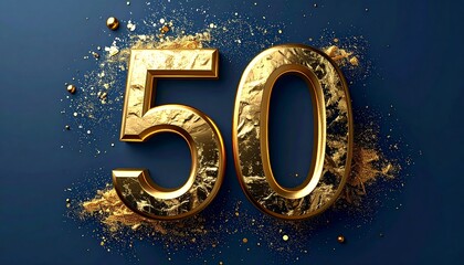 Shiny, golden number "50" against a dark blue backdrop. The numbers have a textured metallic finish and are surrounded by sparkling gold confetti