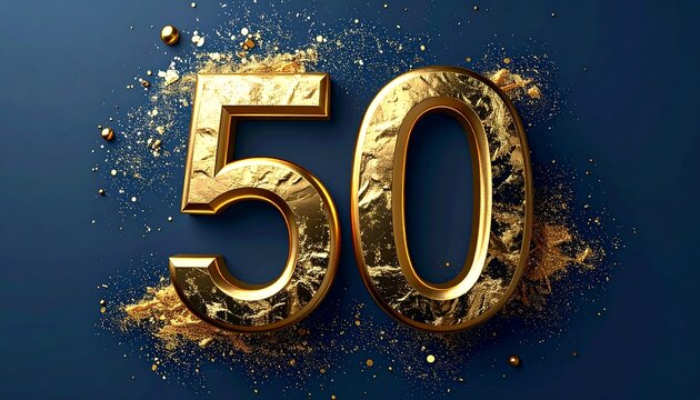 Shiny, golden number "50" against a dark blue backdrop. The numbers have a textured metallic finish and are surrounded by sparkling gold confetti
