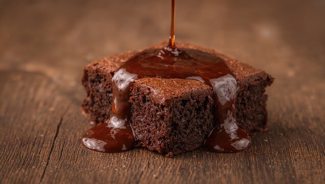 Chocolate brownie topped with chocolate syrup, indulgent dessert option