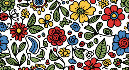 Fototapeta premium Vibrant Seamless Pattern with Colorful Hand-Drawn Folk Flowers and Leaves