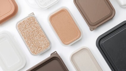 Fototapeta premium Close-up view of food containers on a white backdrop, functional for layout design