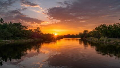 Golden hour river view at sunset with natural landscape and holiday vibes