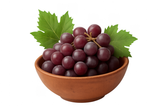 Red grapes in terracotta bowl with leaf