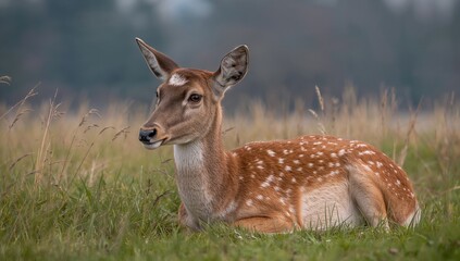 Fototapeta premium A fallow deer lying in the grass, observing its surroundings, nature's tranquility