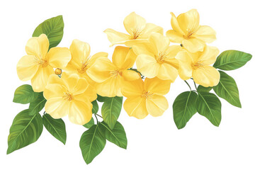 Naklejka premium Radiant yellow flowers isolated on transparent background, showcasing their bright and cheerful petals, complemented by lush green leaves, forming a delightful floral arrangement