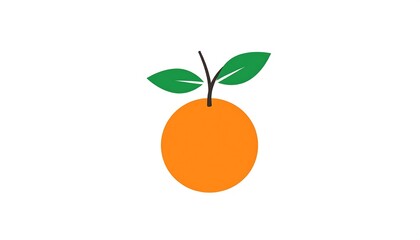 Simple, minimalist illustration of a round, orange fruit with two green leaves attached to a small, thin brown stem against a clean white background