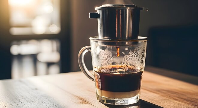 Hot Vietnamese coffee slowly dripping through a stainless steel phin filter into a glass. Cozy, warm caf&eacute; atmosphere emphasizes slow brewing and coffee craftsmanship.