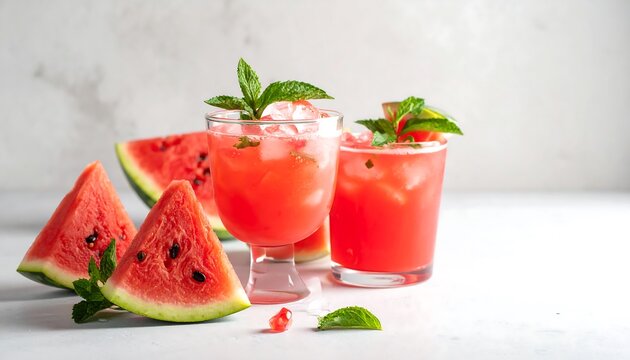 Refreshing summer scene featuring two drinks with watermelon and mint garnishes. Slices of watermelon surround the glasses, all on a light backdrop