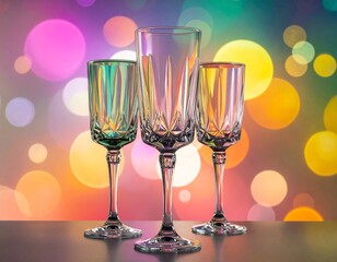 three champagne glasses on bokeh lights pastel rainbow background