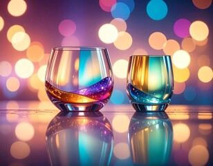 empty glasses on colorful bokeh background