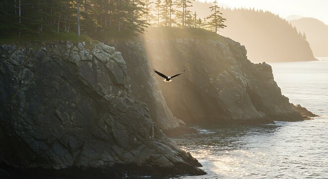 Eagle Soaring Through Sunbeams Over Coastal Cliffs. - Powered by Adobe
