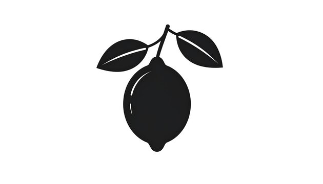 Simple, black silhouette of a lemon with two leaves. Clean lines and a minimalist design. Perfect for illustrations