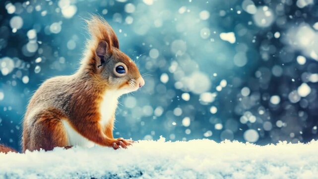 A small brown squirrel is sitting on top of the snow. The snow is white and fluffy. The squirrel is looking at the camera
