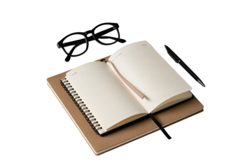 Open notebook with pen and glasses on a dark background isolated on white background isolated on transparent background