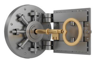 Gold key in open bank vault door isolated on transparent background isolated on white background
