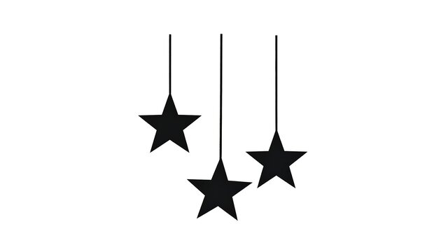 Simple monochrome illustration depicting three five-pointed stars suspended by thin vertical lines against a white background