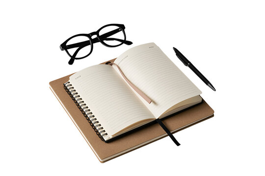 Open notebook with pen and glasses on a dark background isolated on white background isolated on transparent background