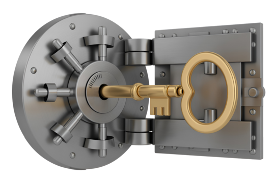 Gold key in open bank vault door isolated on transparent background isolated on white background
