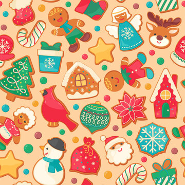 Christmas cookie seamless pattern on beige background. Gingerbread house festive sugar cookies. Holiday sweet food cartoon repeat design. Cute vector illustration for gift wrapping paper, fabric, etc.
