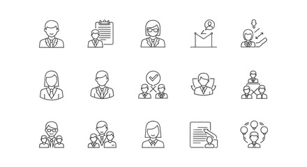 Thin line icon set representing leadership and business concepts, including teamwork, organization, management, managers, strong individuals, training, partnerships, campaigns, and advisors, suitable