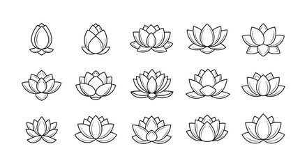 Set of 15 stylized lotus flower icons in a clean, minimalist black and white line art style, perfect for logos, emblems, and decorative elements, presented on a white background for easy integration