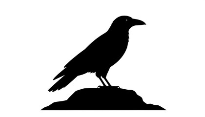 Simple silhouette of a bird perched on a small, rocky mound against a plain white backdrop. Focus is on the avian figure