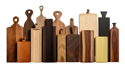 Title: Collection of Wooden Cutting Boards in Unique Shapes on White Background