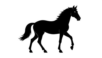 Simple, solid black silhouette of a horse walking on a blank white background. The mane and tail are flowing