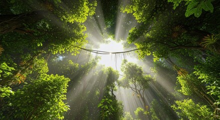 Fototapeta premium Sunbeams piercing through dense green jungle canopy, creating a dramatic, ethereal scene