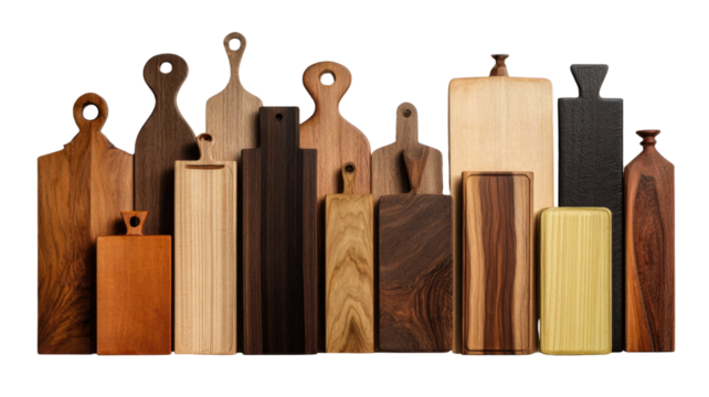 Title: Collection of Wooden Cutting Boards in Unique Shapes on White Background