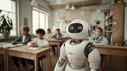 Futuristic classroom scene with a friendly robot teaching a lesson to a diverse group of attentive elementary school students, showcasing the future of education and artificial intelligence - Powered by Adobe