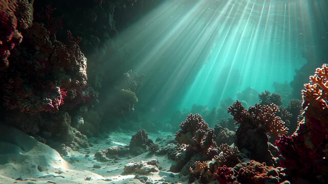 Beautiful underwater scene with rays of sunlight piercing the deep blue abyss, illuminating colorful corals and creating a magical ocean atmosphere.