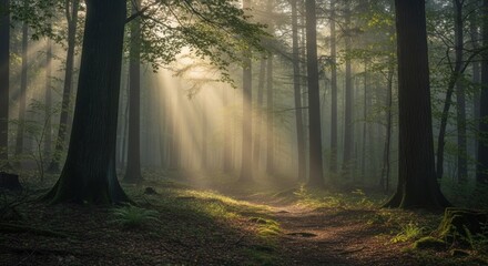 Fototapeta premium Sunlight streams through a misty forest path, illuminating trees and dappled ground