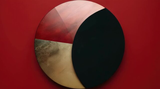 A black and gold circle with red paint on it is placed on a red background. The circle is positioned in the center of the , and it is a piece of art