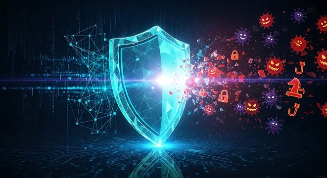 Cybersecurity Shield Defending Against Digital Threats and Viruses.